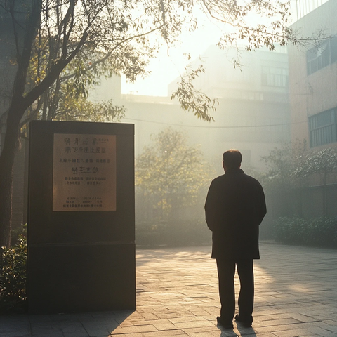 男子站在标志牌前的户外场景