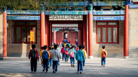 古建筑门前的小学生