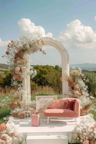 白色拱门与粉色沙发