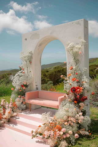 白色混凝土拱门与粉色沙发