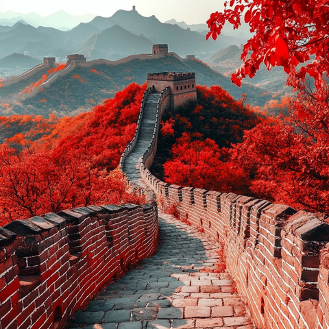 红叶漫山时的长城蜿蜒曲折景致