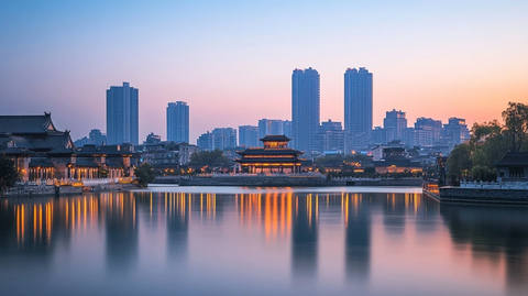 水边古建筑与现代高楼同框的城市景观