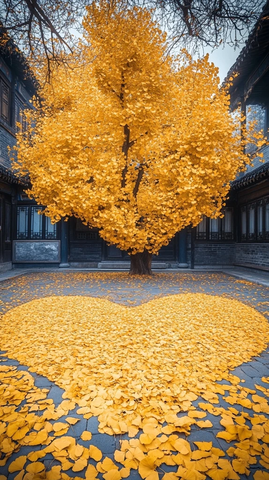 古建筑庭院中满地黄叶的银杏树