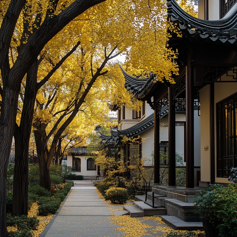 中式建筑旁的金黄银杏小道