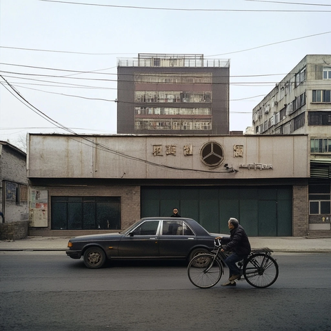 街头骑自行车的老人与老式轿车