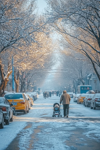 雪中街道老人推婴儿车出行的场景