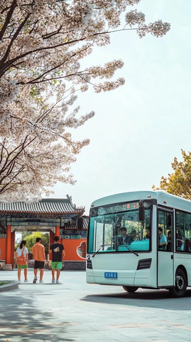 赏春景古建筑旁樱花树下的公交车