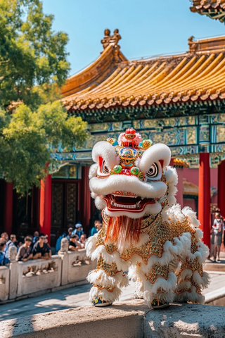 古建筑前的舞狮形象