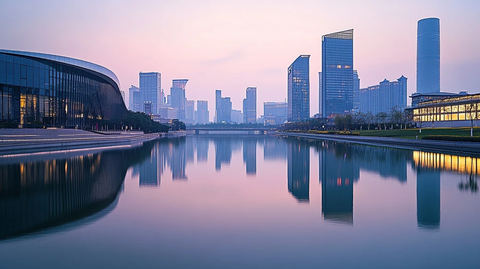 城市滨水风光夜景倒影全景