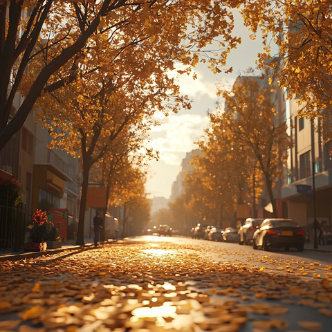 秋日城市街道铺满落叶的唯美景象