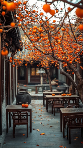 庭院柿子树旁的桌椅景致
