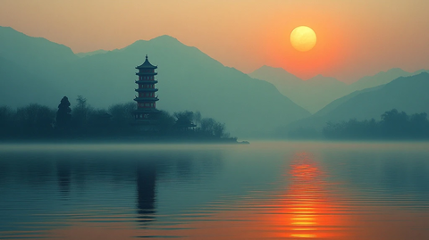 湖面倒影塔楼的夕阳山水景观