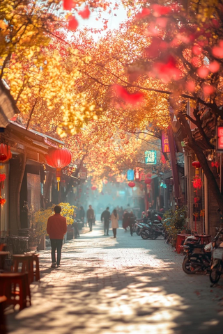 古街秋日暖光下行人漫步的温馨场景