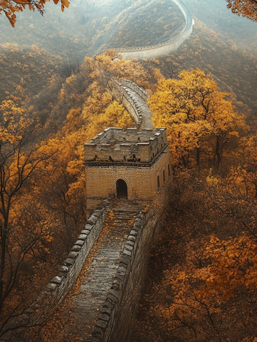 秋景中蜿蜒的长城壮观景象