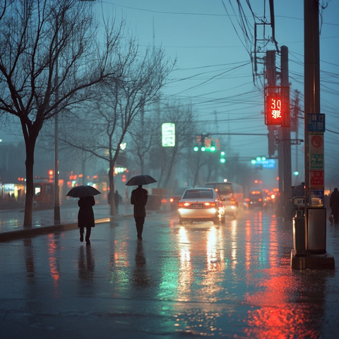 雨夜中街道上打伞行走的行人与车辆