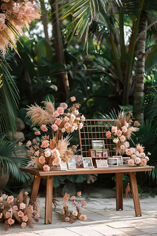 婚礼欢迎桌与干花玫瑰