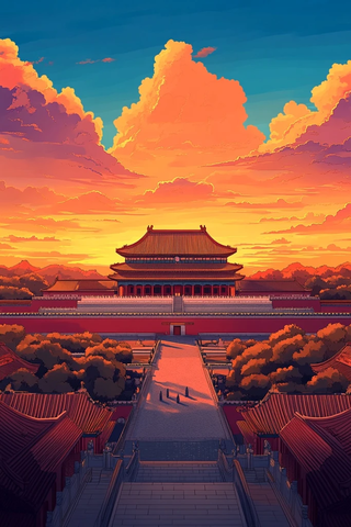 故宫壮丽景象的夕阳俯瞰视角