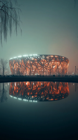 鸟巢体育场灯光夜景全景