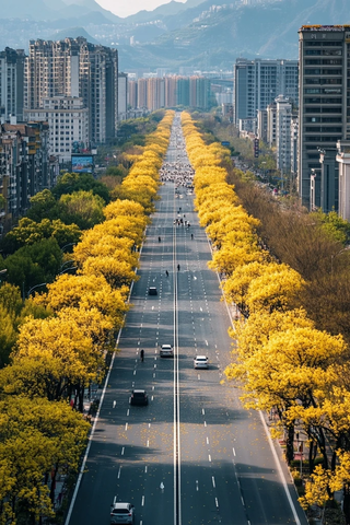 城市大道两侧满是金黄树木的壮观景象