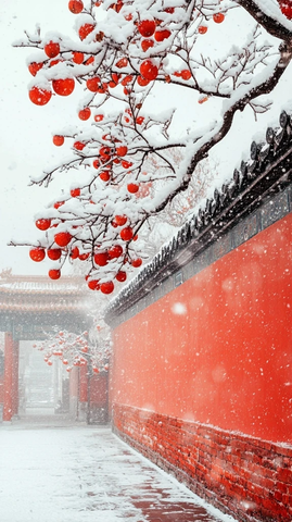 红墙白雪下挂满果实的树枝