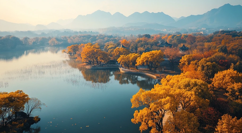 山林间湖泊秋景俯瞰全景