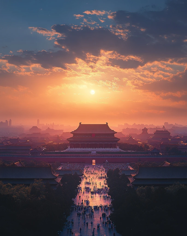夕阳下的故宫全景俯瞰