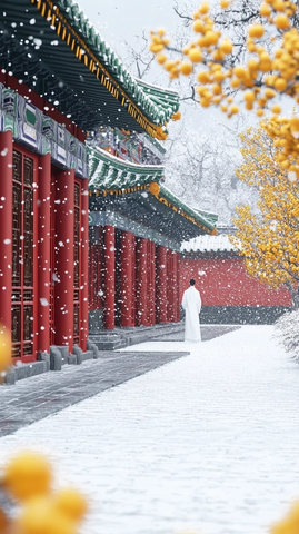 雪中古建筑旁身着白衣的人独自漫步