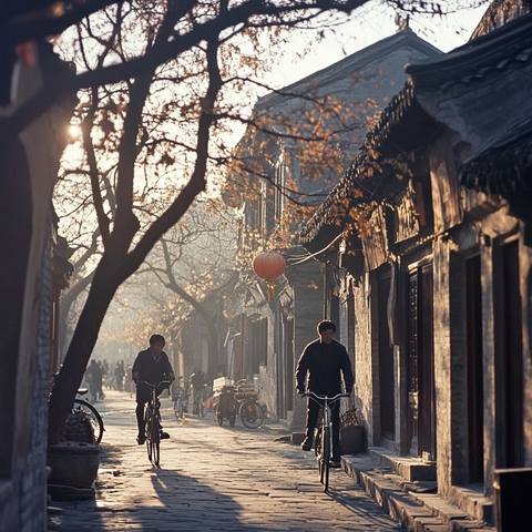小巷中骑行的人尽显老胡同的古朴韵味