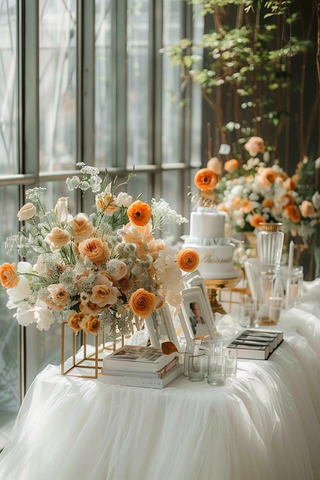 婚礼桌布置与玻璃墙反射