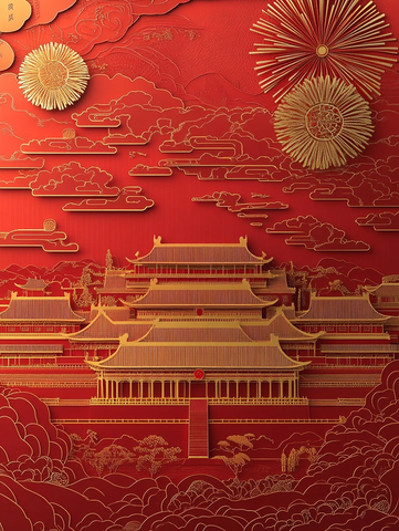 中国古代宫殿建筑与烟花的传统艺术画面