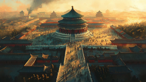 俯瞰天坛古建筑人群聚集的宏大场面