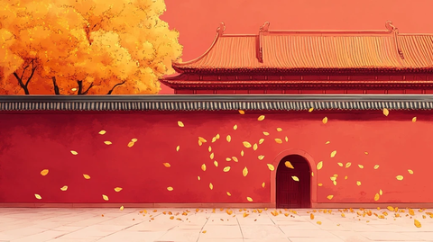 红墙古建筑旁飘落金黄树叶的秋日景象