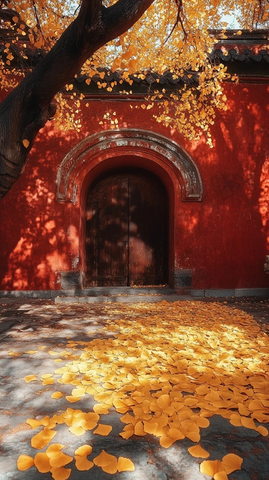 红墙拱门旁银杏叶落满的唯美景致