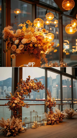 婚礼花艺装饰与金色灯光