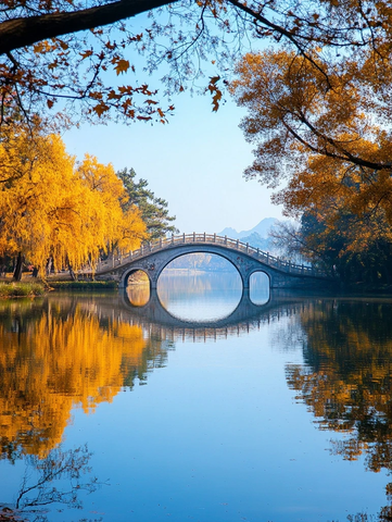 水上石桥秋景倒影唯美风光