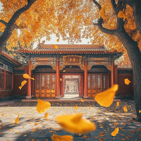 古色古香建筑前银杏叶飘落的唯美场景