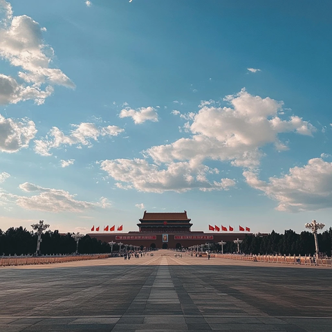 蓝天白云下的宏伟天安门全景