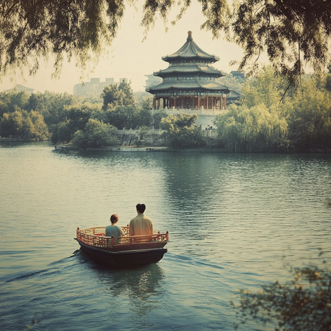 小船游湖传统建筑旁的悠闲时光