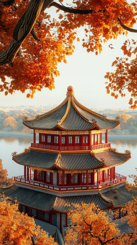 红叶环绕下的中式多层古建筑