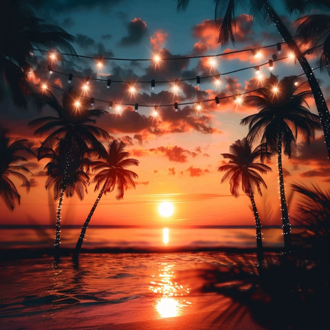 热带日落与棕榈树灯光背景