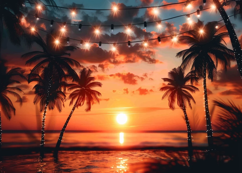 热带日落与棕榈树灯光背景