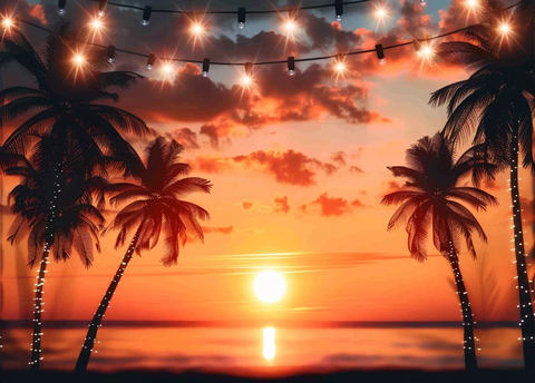 热带日落与棕榈树灯光背景
