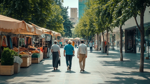 人们行走在有摊位的街道上
