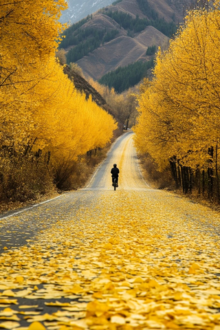 骑行者穿越铺满黄叶的山间道路
