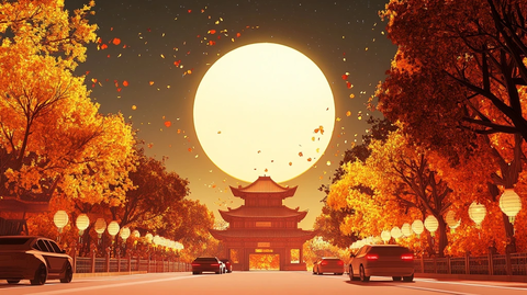 圆月照耀下的古建与秋景街道