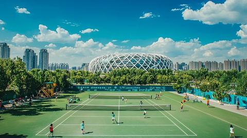 户外网球场鸟瞰全景蓝天白云背景