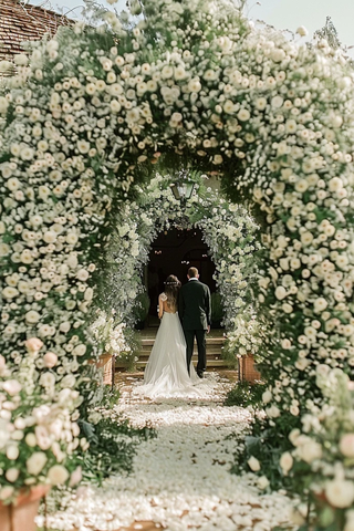 白色花拱门下的婚礼仪式