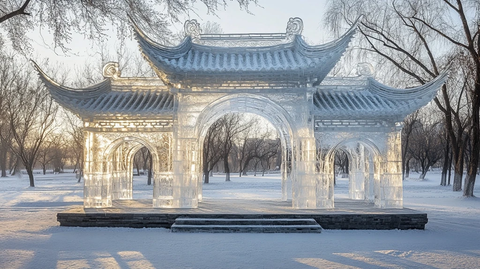 冰雪中的中式冰雕凉亭建筑