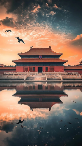 故宫黄昏美景飞乌掠过水面倒映古建筑