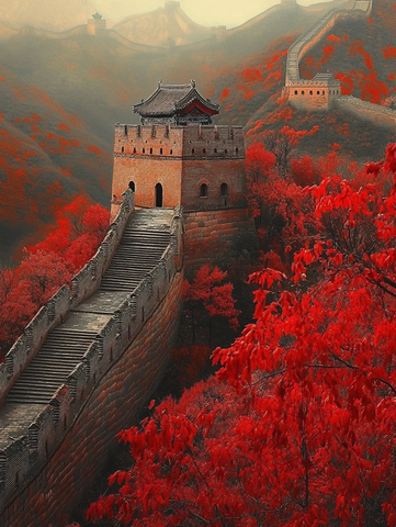红叶映衬下的雄伟壮观的万里长城